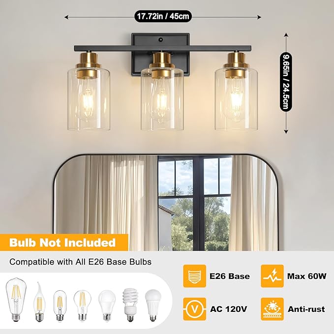 Unicozin 3 Light Bathroom Light Fixtures, Modern Vanity Lights Over Mirror, Black and Gold Wall Lamp with Clear Glass for Living Room Cabinet Bedroom Porch