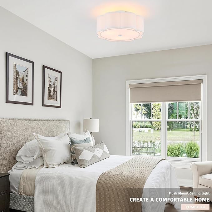 Semi Flush Mount Ceiling Light, White Linen Fabric Shade Ceiling Light, Modern Farmhouse Close to Ceiling Light for Bedroom, Hallway, Living Room, Dining Room, Laundry Room