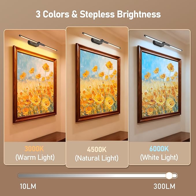 Glendan Wireless Picture Light for Wall: 24" Rechargeable Art Light with Remote & Timer, 8000mAh Battery Operated Poster Lights, 3 Color Modes & 3 Brightness Levels for Pictures, Gallery, Frame