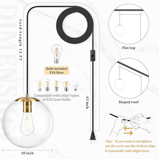 KoKo&Yukina 10" Globe Pendant Light Gold Plug in Pendant Light Adjustable Hanging Lights with Plug in Cord Brushed Gold Finished with Clear Glass Lampshade for Bedroom Kitchen Island（Bulb Included）