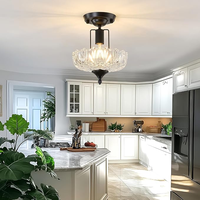 UOFUS Black Semi Flush Mount Ceiling Light Fixture with Clear Glass Shade Flower Small Chandelier Farmhouse Close to Ceiling Light for Hallway Entryway Bedroom Porch Foyer Corridor Kitchen