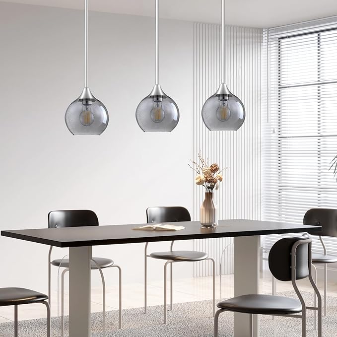 Pendant Lights Kitchen Island 3 Pack,Brushed Nickel Pendant Light Fixtures with Adjustable Rods,Seeded Glass Kitchen Pendant Lighting Over Island,Modern Island Lights for Kitchen Dining Room-E26 Base
