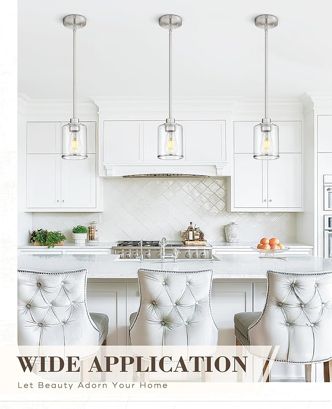 Beionxii Brushed Nickel Pendant Lights Kitchen Island, Hanging Lights Fixtures with Clear Glass, Kitchen Pendant Lighting Over Island, Hanging Lights for Sink, Dining Room, Entryway, BX-PL02BN-CG