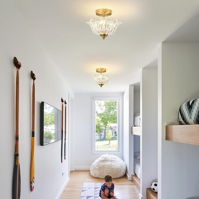 Semi Flush Mount Ceiling Light, Gold Vintage Light fixtures with Floral Clear Glass Shade, Modern Close-to-Ceiling Lighting for Bedroom Kitchen Living Room Hallway