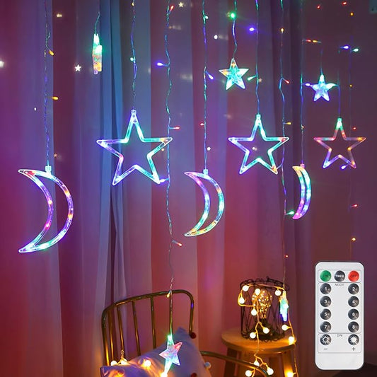 Star Moon Curtain Lights 11.5ft Remote Control LED Fairy Light Strings, 8 Flashing Modes Waterproof Decorative Lights for Garden, Christmas, Wedding, Party, Bedroom Decorations(Multicolored)