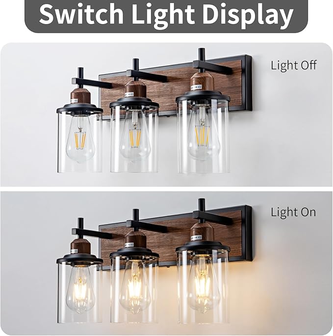 Lanhall 3-Light Farmhouse Bathroom Light Fixtures Vintage Vanity Lights Over Mirror Black and Wood Painted Metal Vanity Light with Glass Shades E26 Socket