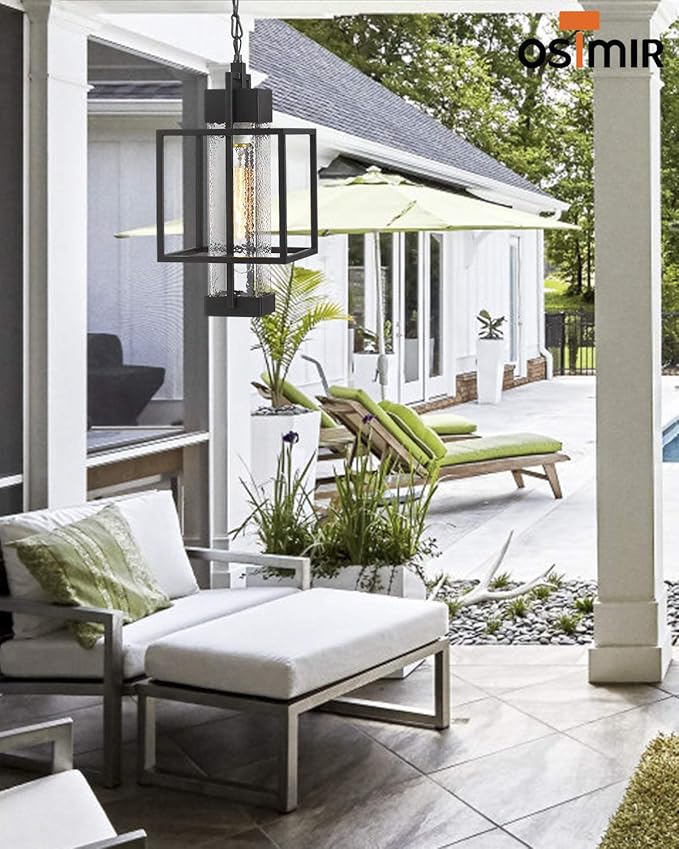 Outdoor Pendant Light, 16" 1-Light Large Hanging Porch Light Fixtures, Modern Black Outside Chandelier Lantern Lighting with Bubble Glass for Porch Gazebo Entryway, 2375/1HL