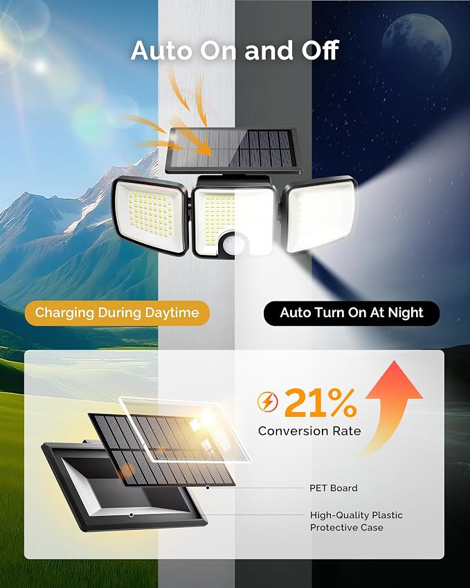 Brightown 3 Pack Solar Outdoor Lights, 2500LM 223 LED Solar Flood Outdoor Lights with Motion Sensor 3 Modes, 3 Head 270° Wide Angle Street Area IP65 Waterproof Security Wall Lights with Remote