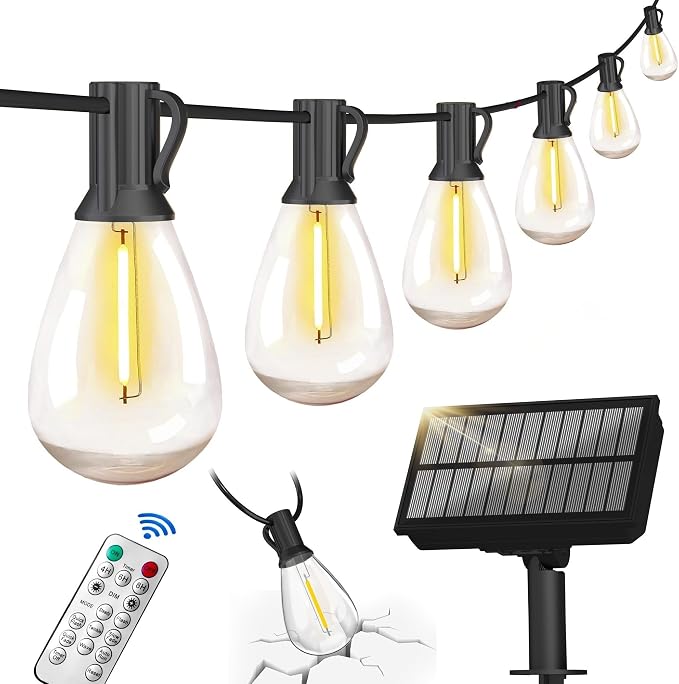 BLIATLUS 50FT Solar String Lights Outdoor Waterproof with Remote Control Solar Patio Lights 15+2 shatterproof LED Bulbs for Porch Garden Market Bistro Patio Backyard Fence