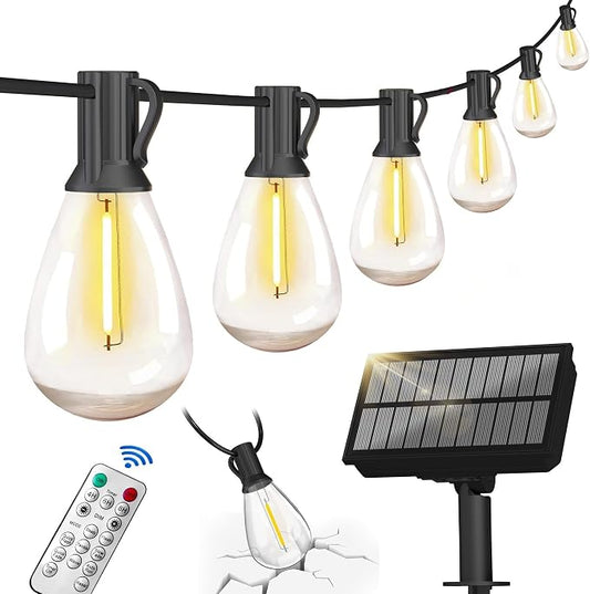 BLIATLUS 50FT Solar String Lights Outdoor Waterproof with Remote Control Solar Patio Lights 15+2 shatterproof LED Bulbs for Porch Garden Market Bistro Patio Backyard Fence