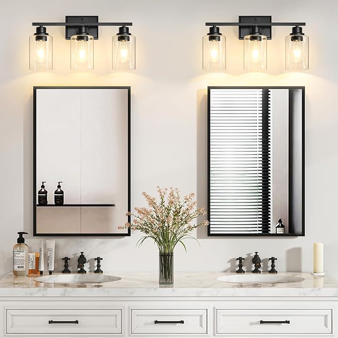 Unicozin 3 Light Bathroom Light Fixtures, Modern Vanity Lights Over Mirror, Black Wall Lamp with Clear Glass for Living Room Cabinet Bedroom Porch