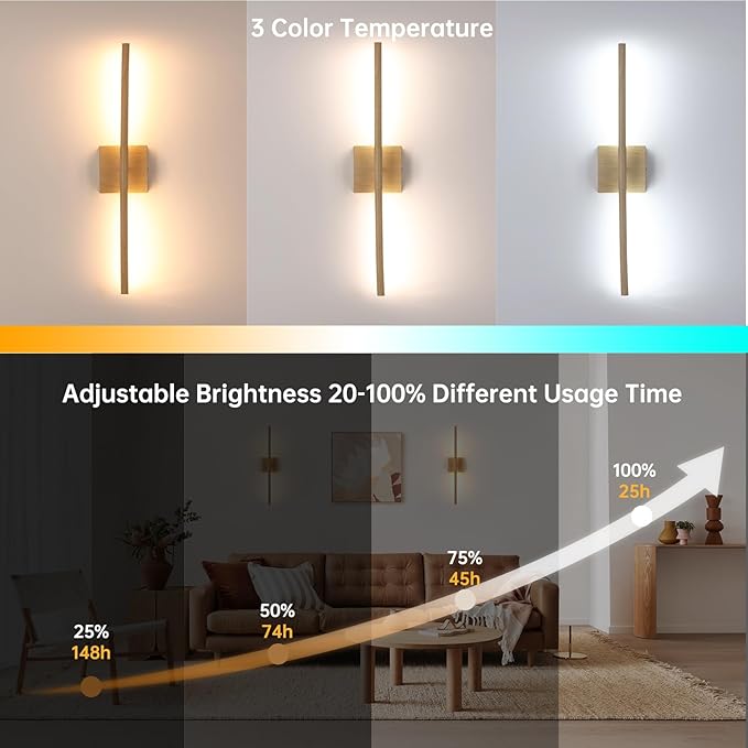 Shenmoyl Battery Operated Wall Sconce Set of 2, 8000mAh Rechargeable Wall Sconces, 3000K-6000K Dimmable, 350°Rotate, Indoor Wall Lights for Bedroom Living Room, Original Wood, 23.6 Inch