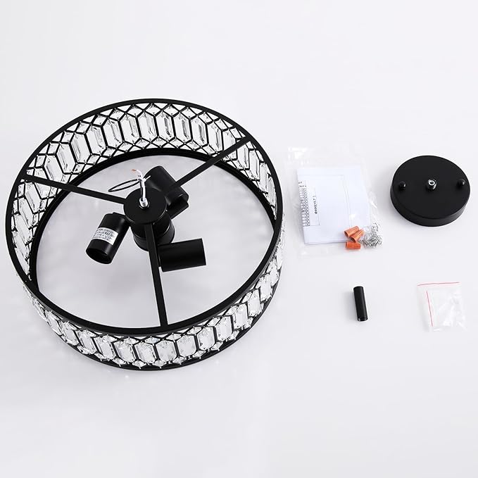 16" Black Crystal Ceiling Light, 3-Light Modern Semi Flush Mount Ceiling Light Fixture, Round Crystal Chandelier for Dining Room Bedroom Living Room Kitchen Hallway, E26 Sockets