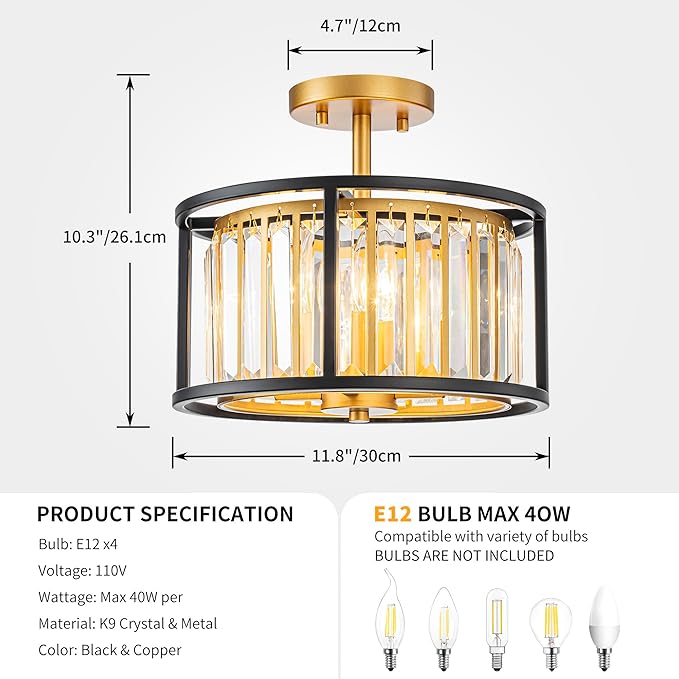 3-Light K9 Crystal Drum Ceiling Lights, Modern Style Semi-Flushmount Light Fixture for Dining Room, Living Room, D12 * H10 inch, Clear Crystal, Gold & Black Finish Frame