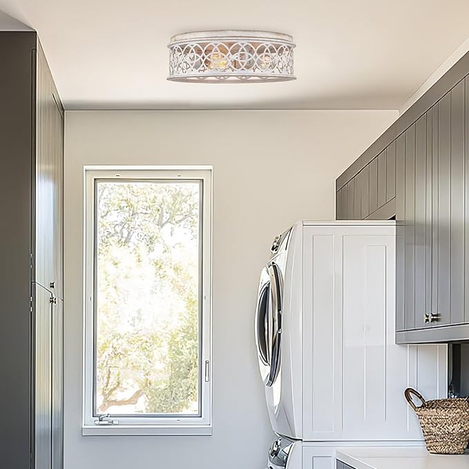 Kira Home Blythe 17" 3-Light Rustic Farmhouse Flush Mount Ceiling Light + Metal Cage Drum Shade, Antique White Finish