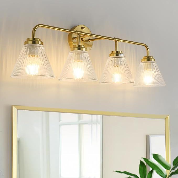 Modern Bronze Bathroom Vanity Light, 4-Light Wall Sconce with Clear Ribbed Glass Shades, Farmhouse Industrial Light Fixture for Bathroom, Vanity Mirror, Powder Room, Hallway (bronze, Eletroplate, 4)