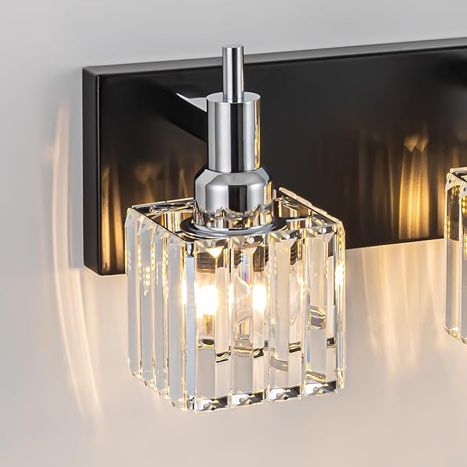 Black Chrome Bathroom Vanity Lights, 5 Lights Modern Crystal Bathroom Lighting Fixtures Over Mirror Crystal Wall Light with Square Shade
