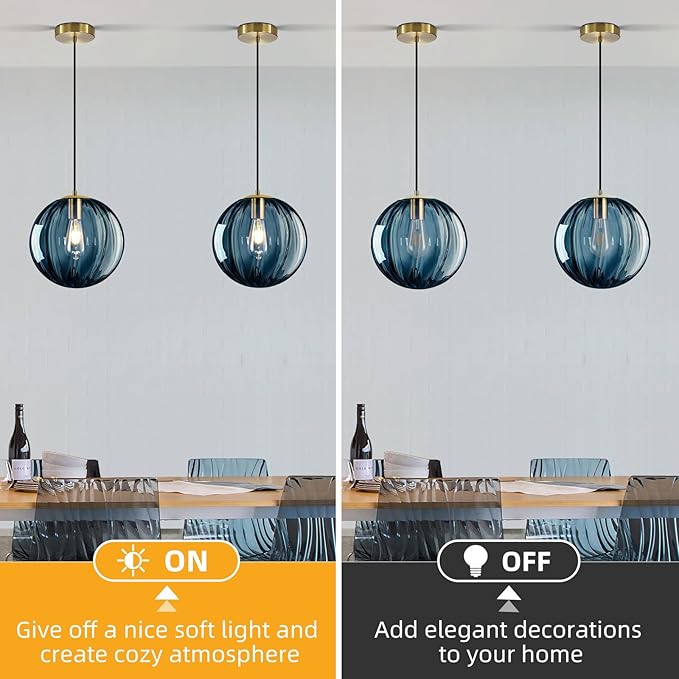 Modern Blue Glass Pendant Light, Kitchen Island Lighting 3-Pack Globe Pendant Light Fixtures Century Kitchen Island Pendant Lighting for Bedroom Living Dining Room Light Fixture (Without Bulb)
