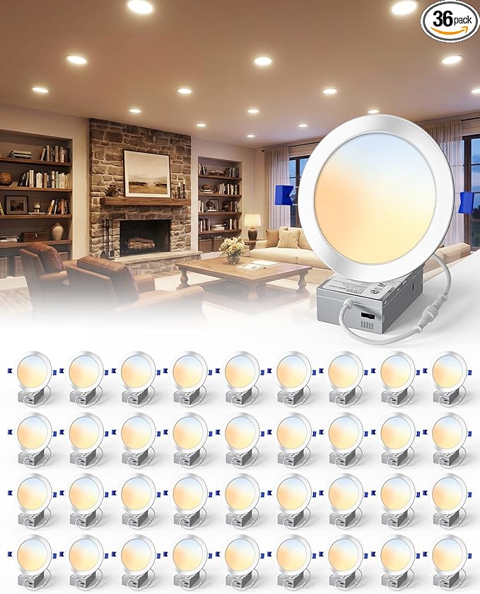 36 Pack 6 Inch LED Recessed Light, Dimmable, Damp Rated, 5CCT Selectable, 12W 1200LM, 120V, Silm Canless Wafer Ceiling Light, ETL&FCC