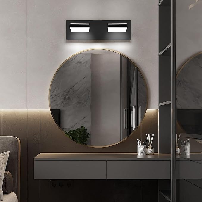 OKELI 2 Light Bathroom Vanity Light Matte Black Modern 16W LED Dimmable Vanity Light Over Mirror 350° Adjustable Lamp Head Cold White 6000K ETL Listed 15.5Inch
