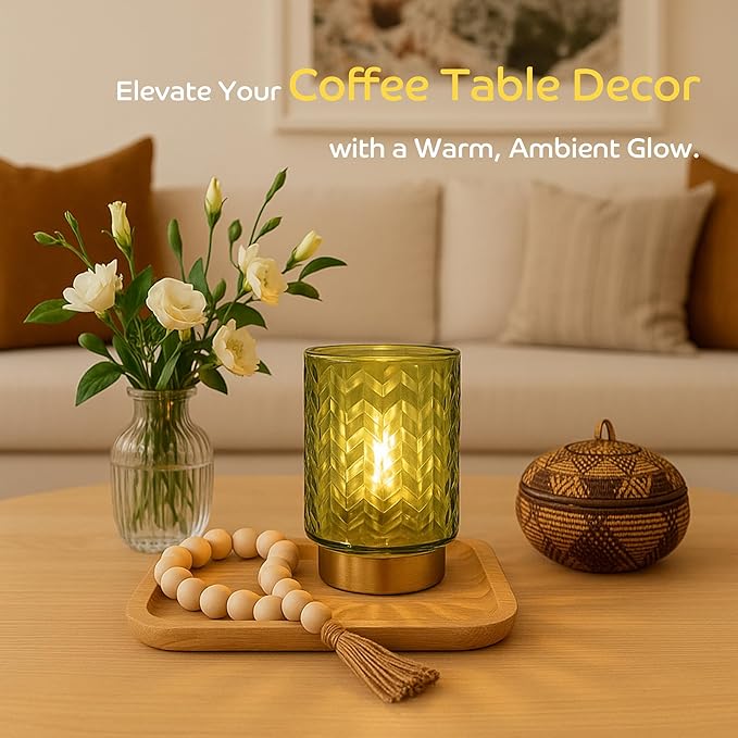 LUSHARBOR Battery Operated Table Lamp, Small Green Glass Lamp Bedside Decor Ambient, Cordless Table Lamp for Bookshelf Desk Living Room Entryway Dorm Wave Design-Green