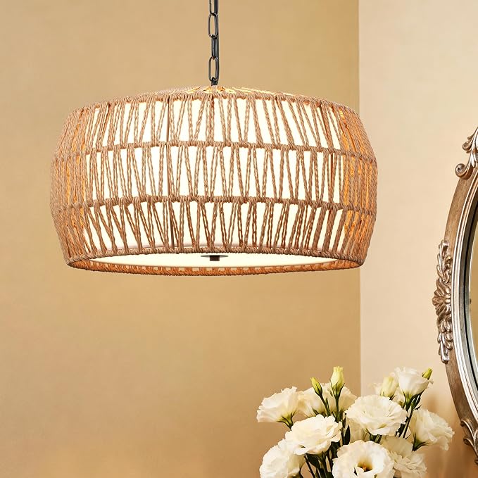5-Light Farmhouse Rattan Chandelier with Fabric Shade, 18" Boho Woven Wicker Pendant Light for Living Room, Dining Room & Bedroom, Hand Woven Wicker Fixture (No Bulbs)
