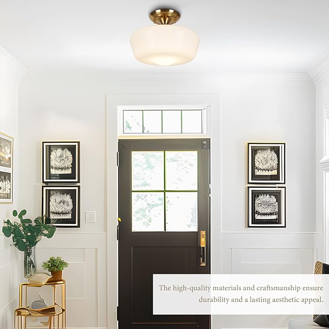 Schoolhouse Style Semi Flush Mount Ceiling Light Fixture, 12" Modern Gold Hallway Ceiling Lamp with Opal Milk Glass Shade Brass, Farmhouse Globe Light for Bedroom Kitchen Hallway Entryway Laundry