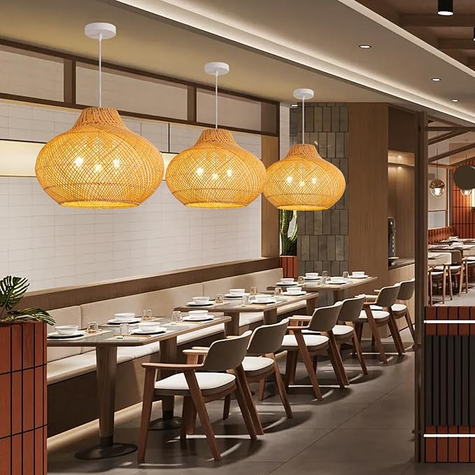 3-Light Rattan Pendant Light,18.9" Round Hanging Light,1-Pack Wicker Pendant Light Hand-Woven Rattan Chandelier for Workplace Dining Living Bedroom Kitchen Farmhouse
