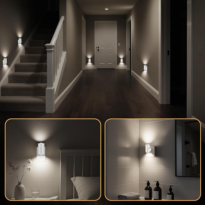 BMXKPO LED Night Light Plug in, Modern Plug-into Wall NightLight, Adjustable 0-200LM Brightness,Daylight 5000K,Dimmable Night Lights for Hallway Bedroom Stairway, Kitchen, Dusk to Dawn Sensor,4 Pack