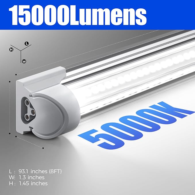 Barrina LED Shop Lights, 8FT 100W 15000LM 5000K, Daylight White, V Shape, Clear Cover, High Output, Linkable, T8 LED Tube Light, for Garage 8 Foot with Plug (Pack of 12)