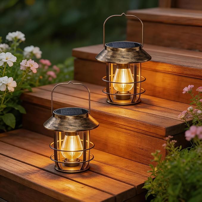 Ahaorigin Solar Lanterns Outdoor Waterproof, High Brightness Hanging Solar Lights for Outside with Wall Hooks, Retro Metal Outdoor Lanterns Auto On/Off for Porch, Patio, Yard Decor 4 Pack