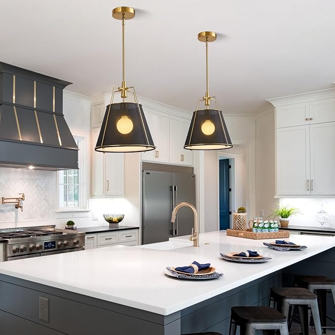 Modern Pendant Light Fixtures with 13" Black Linen Fabric Shade, Adjustable Hanging Light Fixture,Drum Gold Vintage Chandelier for Kitchen Island Bedroom Dining Room Foyer Entryway