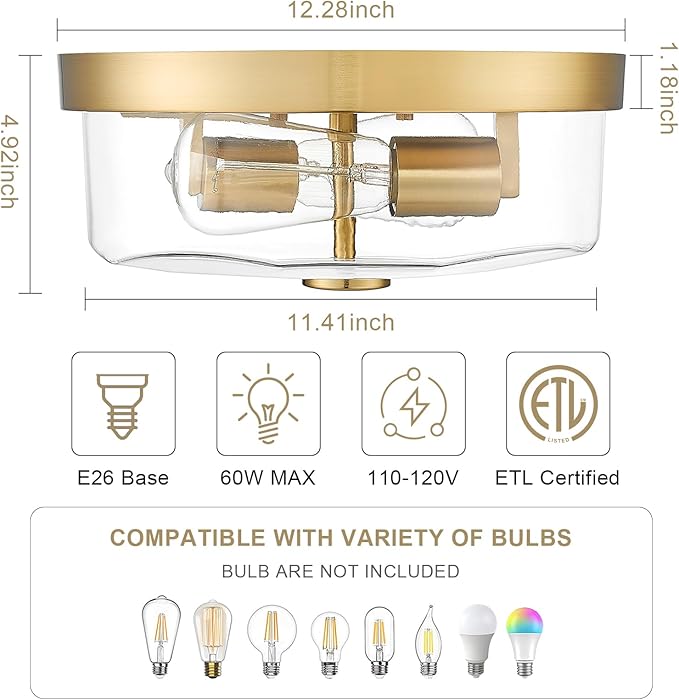 Motion Sensor Ceiling Light Indoor, 2-Light Hallway Lighting Fixtures with Motion Sensor Flush Mount, Modern Farmhouse Ceiling Lamp Clear Glass for Kitchen Porch Entryway Brushed Gold