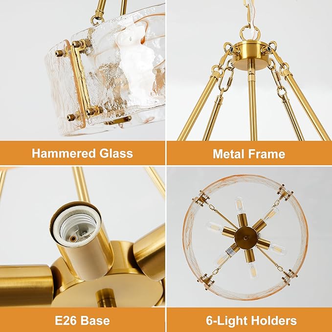 WILON Chandeliers for Dining Room, Modern Glass Pendant Light Fixtures,6-Light Foyer Kitchen Lighting Fixtures Textured Hanging Lights for Bedroom, Bathroom, Laundry Room, Entryway, Hallway (Gold)