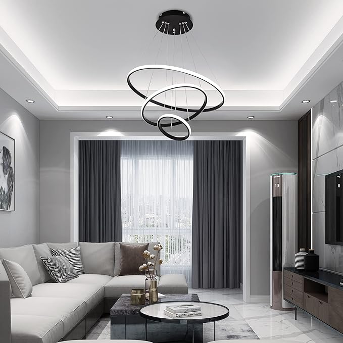 Viruhaka Modern LED Pendant Light, Adjustable Height Circular Entrance Black 3 Ring Circular Chandelier Fixture, Suitable for Restaurants, Kitchens, Islands, Living Rooms, Cafes, Etc. (4000K)