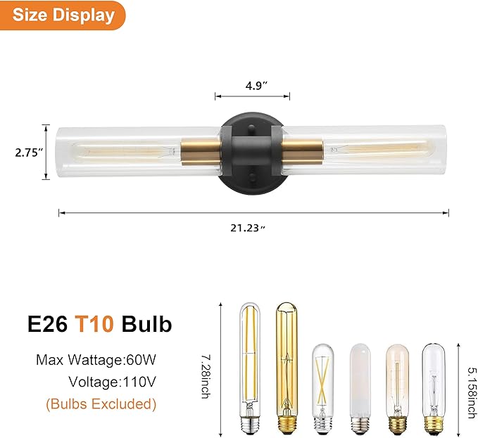 Black and Brass Gold Wall Sconces Set of Two with Clear Glass Shade - Indoor Wall Decor Set of 2
