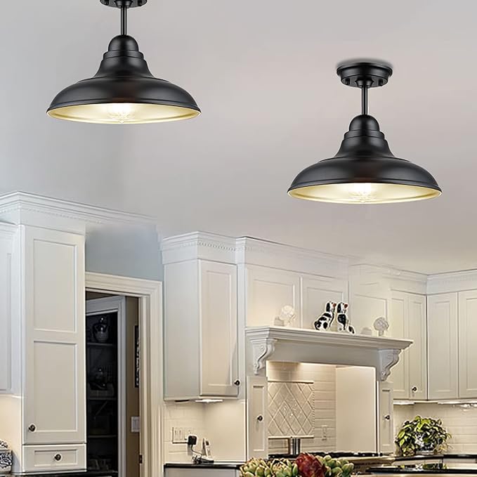 Farmhouse Semi Flush Mount Ceiling Lights, Modern Ceiling Light Fixture with Black Finish for Kitchen, Hallway, Entryway, Dining Room, Bedroom, Cafe, Bar, Living Room, 12"