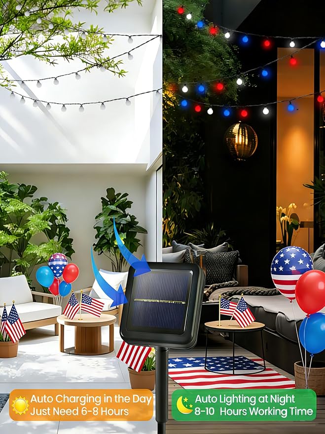 2-Pack 80 LED Red White and Blue Solar String Lights Outdoor - Waterproof 39FT Globe LED Solar Patriotic American Flag Lights with 8 Modes, 4th of July Decorations for Independence Day Memorial Day