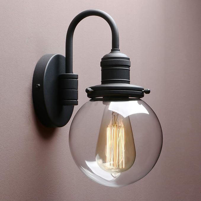Yosoan 1-Light Brass Modern Vintage Indoor Wall Sconce, Vanity Single Luxury Hardwired Retro Textured Clear Round Globe Glass Shade with Industrial Curved Rod Bathroom Hallway Lamp(Black)