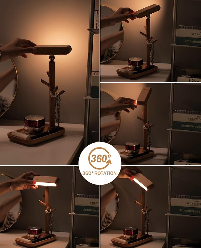 Wooden Table Lamp, Tree Trunk Rechargeable LED Desk Lamp with Organizer and Magnetic 360° Rotating Night Light for Bedside, Dorm Room or Living Space (Beech)
