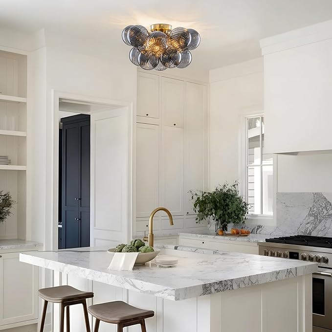 GoYeel Bubble Ceiling Light Fixture 18.5"-Glass Light Fixtures Ceiling Mount Modern Gold Chandelier Dining Room with 13 Swirled Smoke Grey Globe for Kitchen Bathroom Entryway Bedroom