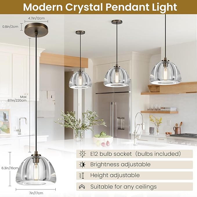 Crystal Pendant Light Kitchen Island: 7" Vintage Copper Hanging Lights above Dining Table - K9 Crystals Lighting over Kitchen Sink - Luxury Cylinder Pendants Light Fixtures Bulb Included for bedroom