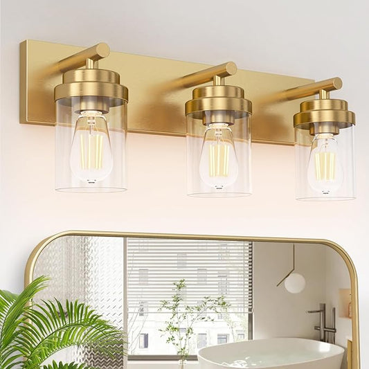 IZORRO Bathroom Vanity Light Fixture, 3-Light 22 Inch Gold Bathroom Light Fixtures Over Mirror, with Clear Glass Shade, Modern Farmhouse Vanity Lights, Rustic Restroom Lighting Fixtures