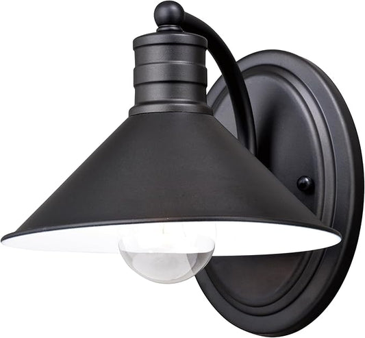 VAXCEL Akron 1-Light 8 inch Wide Oil Rubbed Bronze and Matte White Farmhouse Bathroom Vanity Lighting Fixture, Metal Shade, Dimmable, LED Compatible, Wall Mounted Steel Sconce