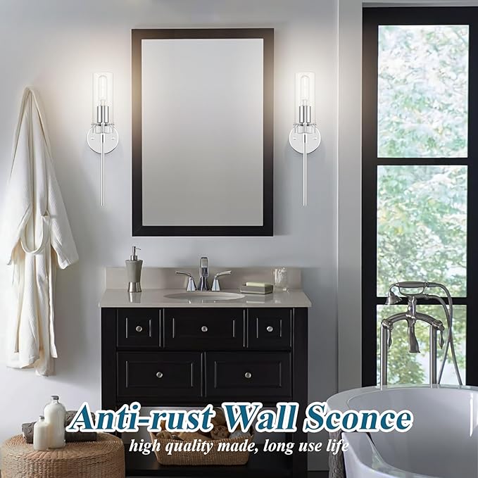 Wall Sconce Set of 2 Chrome Wall Light, Farmhouse Vanity Light Fixture Modern Indoor Wall Light with Clear Glass Shade for Bathroom Bedroom Living Room Hallway Vanity