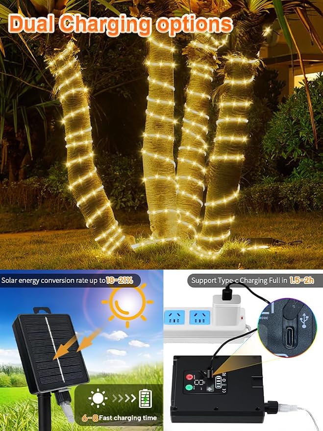 Thicker Tube Solar Rope Lights with Remote for Garden Decoration ,39FT 200LEDs Outdoor Solar Strip Lights for Palm Tree,IP67 Waterproof,USB Charging & 8 Modes Fairy Light for Christmas(Warm White)