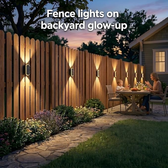 Ellasay 8 Pack Fence Lights Solar Powered: Up and Down Focus LED Solar Wall Lights Outdoor - IP67 Waterproof Solar Lights for Outside Backyard/Porch/Railing - 3 Color Modes