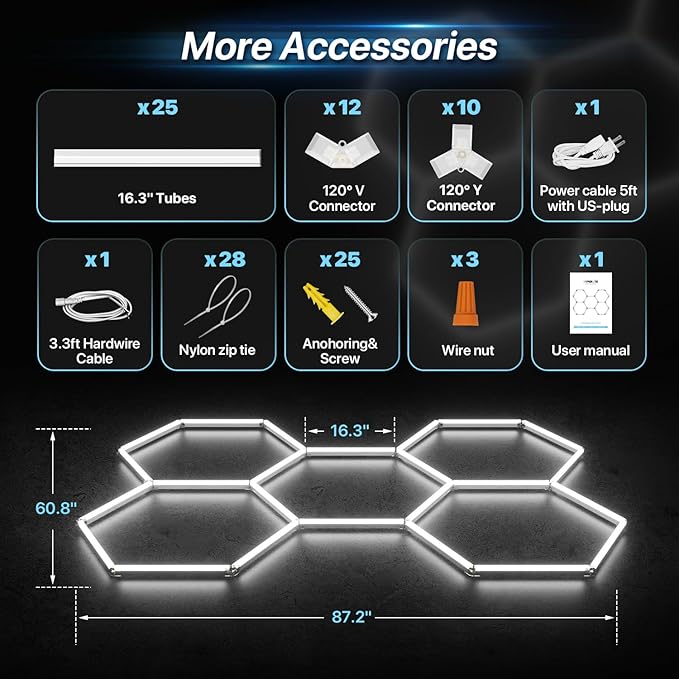 HYPERLITE Gen 2 Hexagon Garage Lights: 168W 16800LM 5 Grids Hexagon Led Light, 6500K Ultra Bright Honeycomb Hex Lights, Durable Design for Garage, Shop, Basement, Barber, Homegym