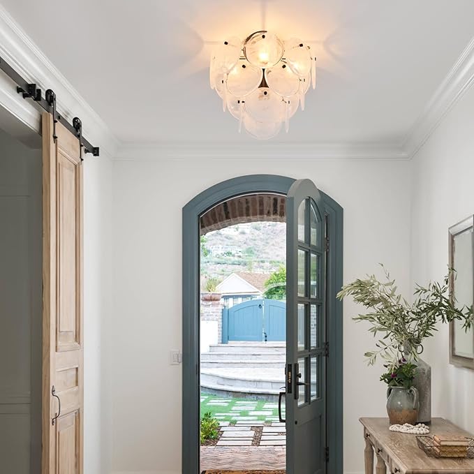 Modern Flush Mount Glass Ceiling Light, Black Hallway Lights Vintage Chandelier, 4-Light Unique Light Fixture for Bedroom Entryway Kitchen Laundry Bathroom Farmhouse