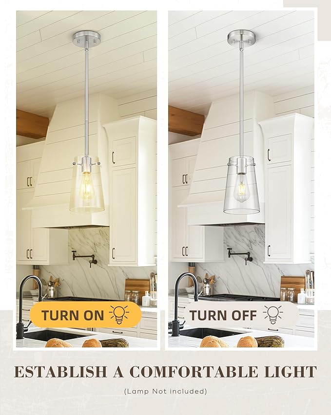 Beionxii Pendant Lights Kitchen Island 2 Pack, Brushed Nickel Hanging Lights Fixtures with Clear Glass, Kitchen Pendant Lighting Over Island, Hanging Lights for Sink Dining Room Entryway BX-PL03BN-2CG